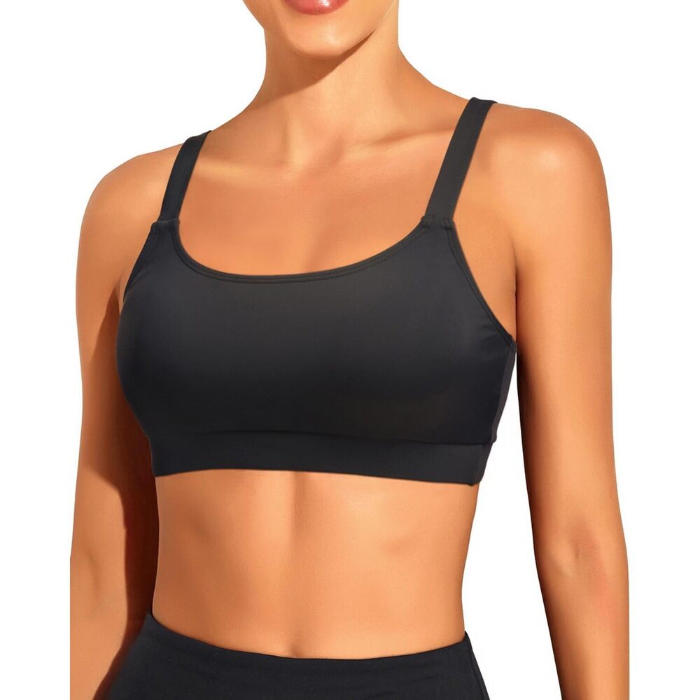 Black Padded Swim Top Scoop Neck Sports Bra Bikini for Women M